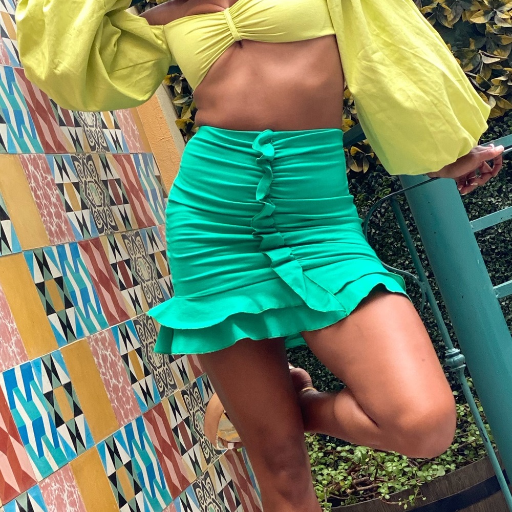 Prettylittlething Green Ruffle flirty skirt